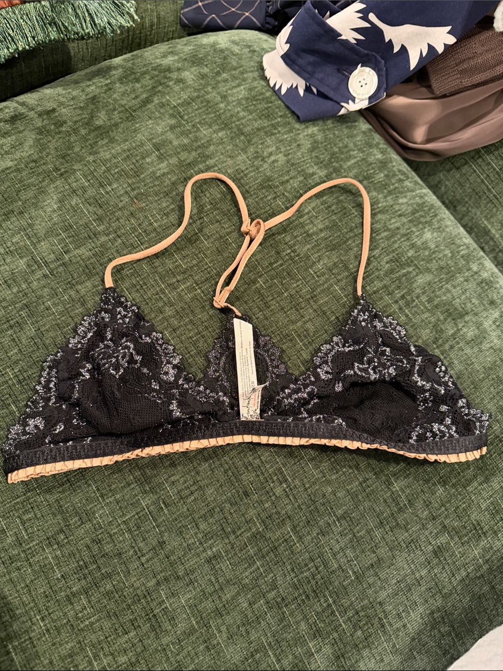 Free People Black Lace Bralette with Nude Trim
